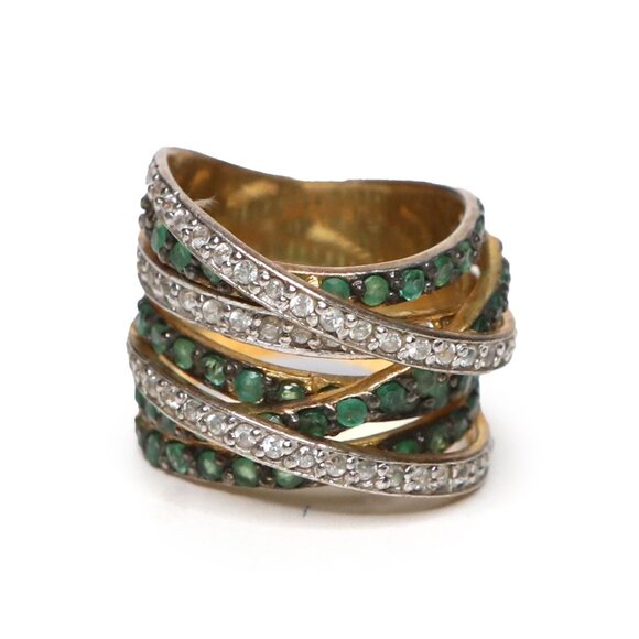 Vintage Crossover Gemstone Ring Gold Plated Sterling Silver Green Clear Stones - Picture 2 of 13